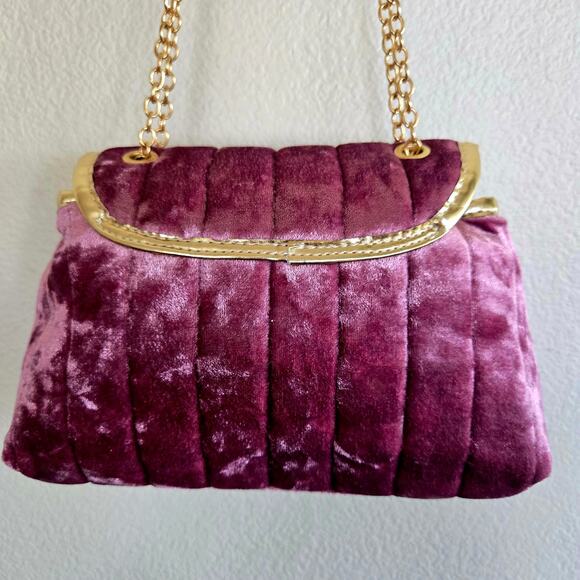 Blush Mauve Velvet Crossbody Metal Bow Shoulder Flap Bag Gold Chain Coquette - Picture 4 of 6